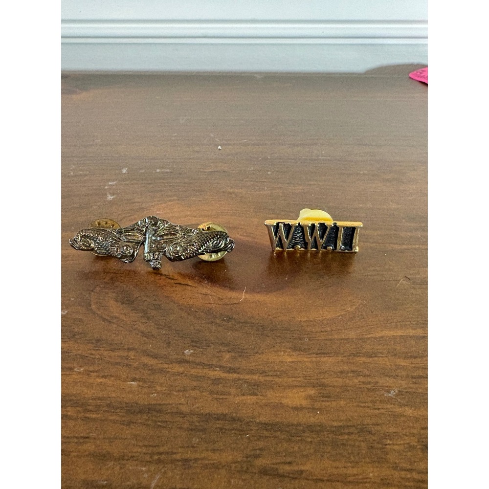 Vintage US Navy Submarine Dolphins Pin and WWII Commemorative Lapel Pin Set